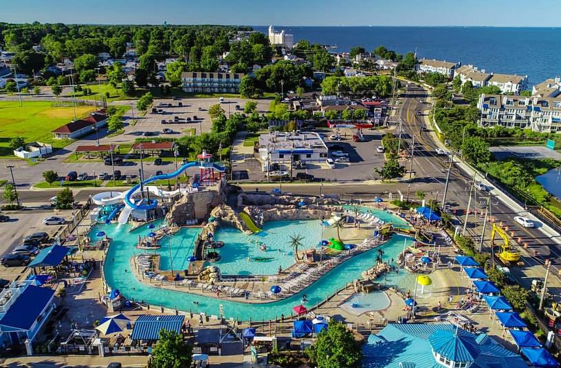 An aerial view of the cozy outdoor waterpark at Chesapeake Beach Water Park.