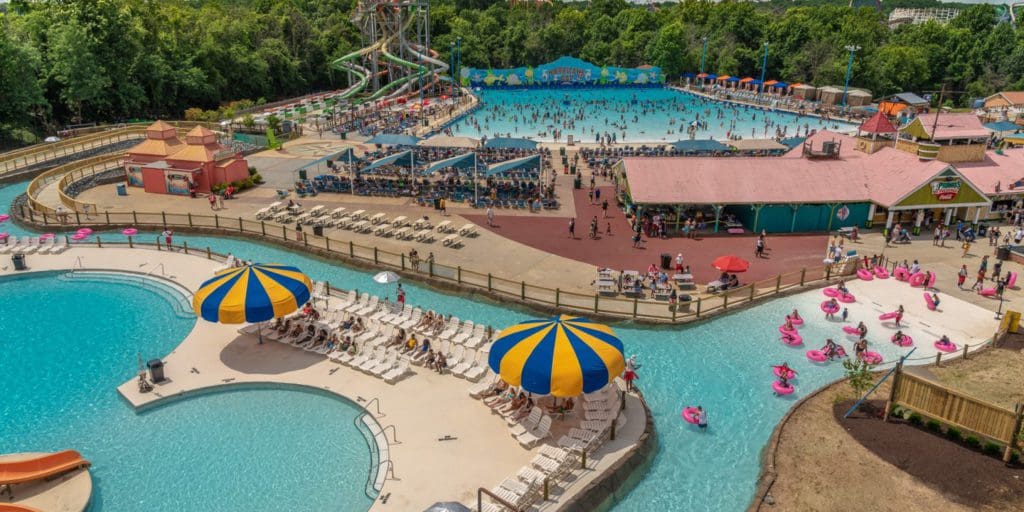 An aerial view of the fast waterpark grounds of Six Flags Great America in Maryland, one of the best water parks near Washington DC for families.