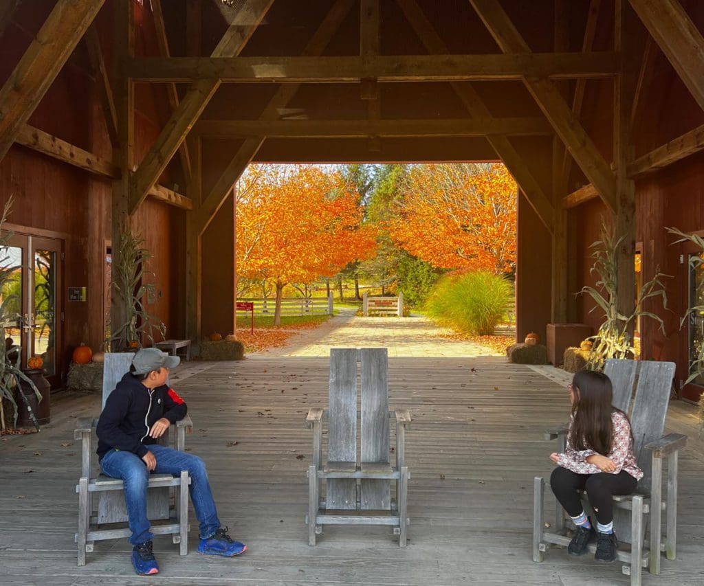 Two young kids sit inside a barn, while looking out the large doors onto a lovely fall view.