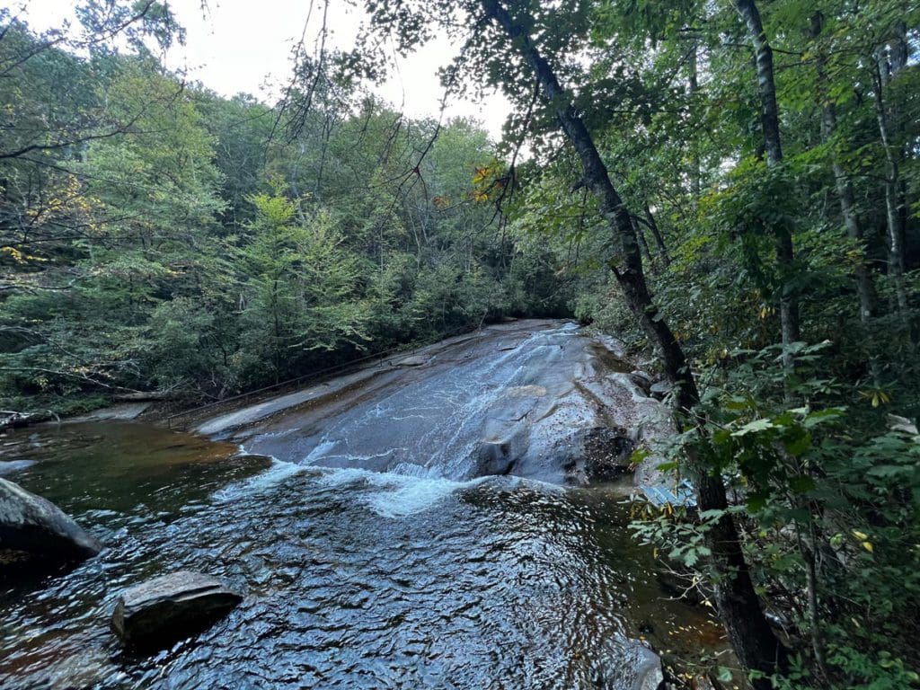 A view of a river and surrounding forest in Sliding Rock, a must stop on any Asheville family vacation itinerary.