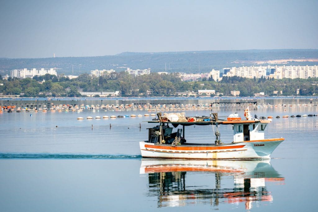 A boat moves along the water off-shore from Taranto, one of the best places to visit in Puglia with kids.