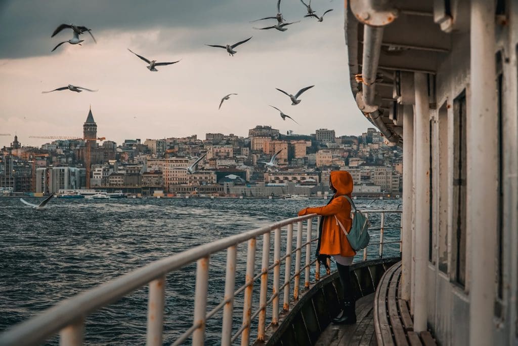 A woman stands looking over a balcony at a skyline of Istanbul and the water, with seagulls overhead.
