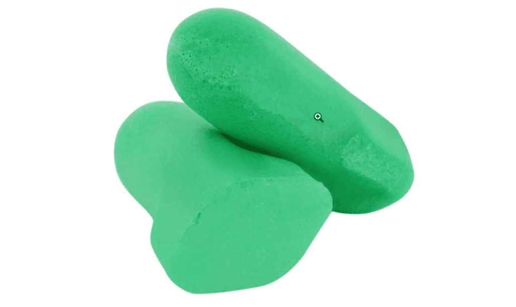 A product shot of the green Howard Leight Max Lite Earplugs, one of the best products for sleeping on long international flights with kids.