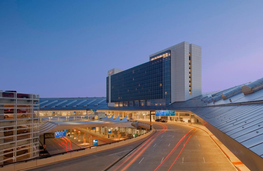 The Grand Hyatt DFW rises above the airport, one of the best hotels in Dallas for families.