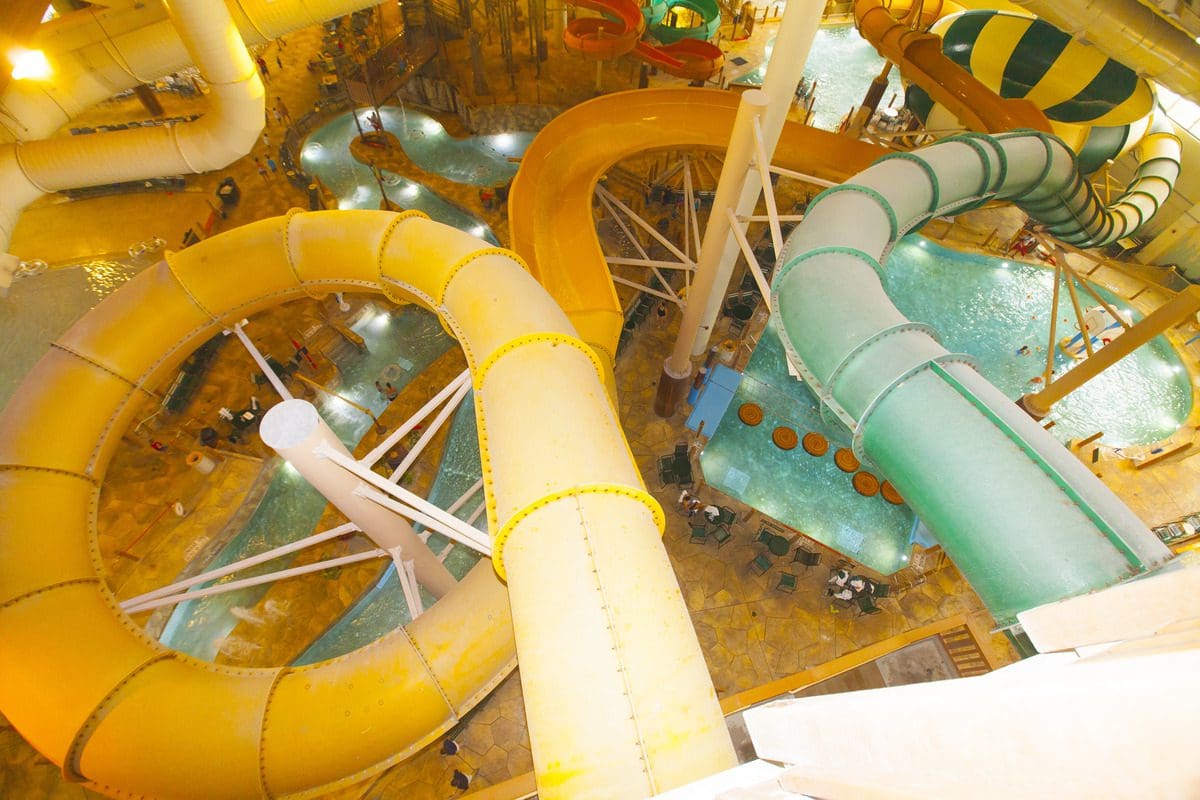 An aerial view of the twisting waterslides at Great Wolf Lodge Grapevine.
