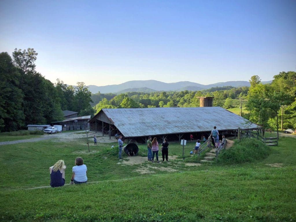 A view of a field at Hickory Nut Gap Farm, with people sitting and enjoying the views.