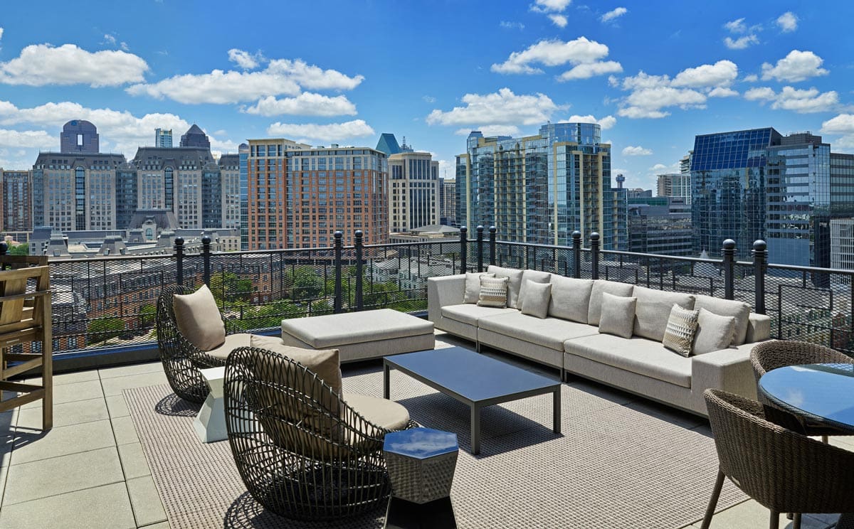 An outdoor terrace overlooking the Dallas skyline at Le Meridien Dallas, The Stoneleigh.