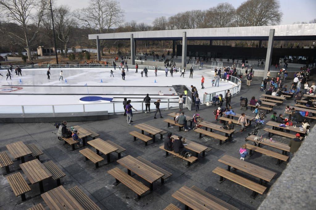 An aerial view of the outdoor ice and nearby picnic tables at LeFrak Center at Lakeside.