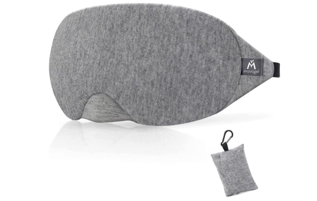 Product shot of a gray Mavogel Cotton Sleep Eye Mask, one of the best products for sleeping on long international flights with kids.