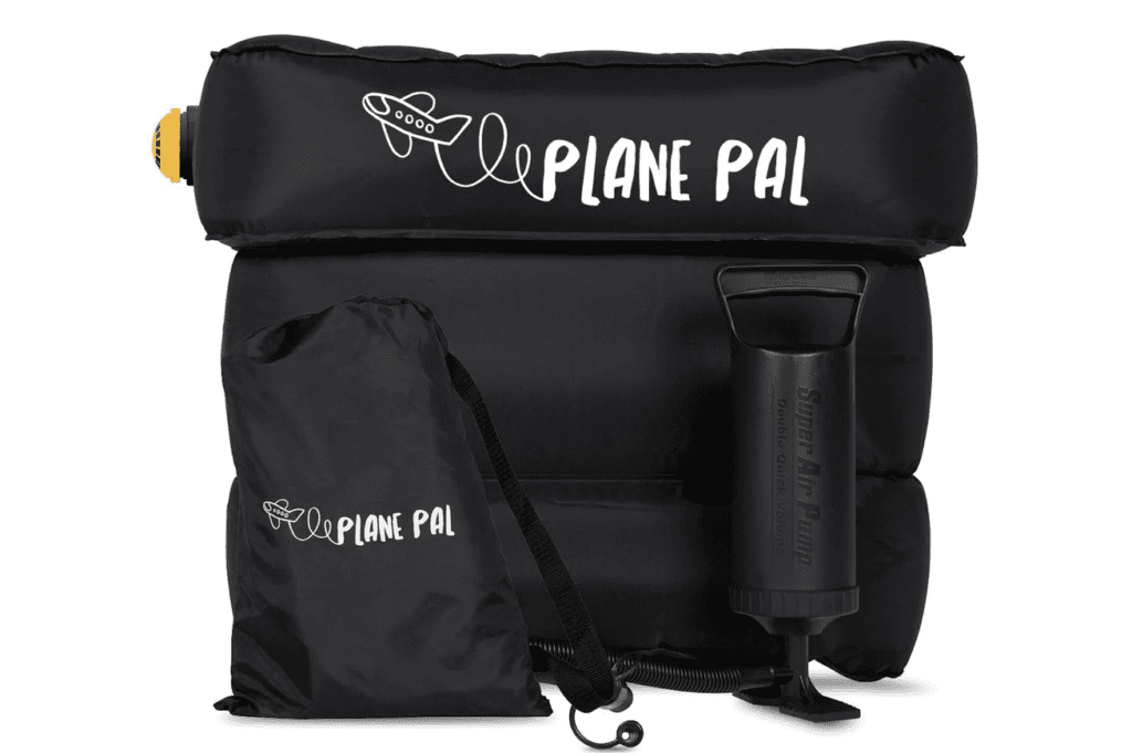 A product shot of the Plane Pal, an airplane seat extender with pump.