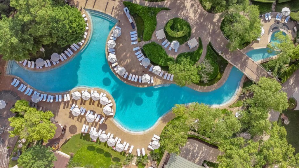 An aerial view of the pool and grounds at Las Colinas Resort, Dallas.