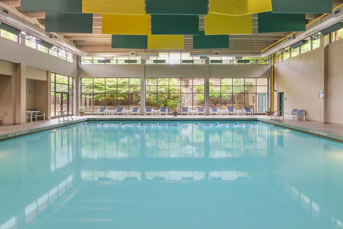 The indoor pool, with floor to ceiling windows, at Omni Grove Park Inn.