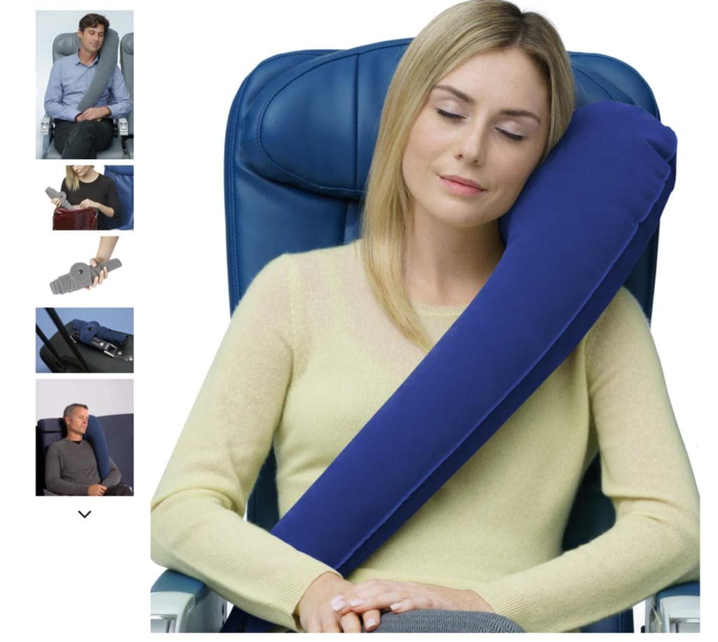 A woman uses the blue The Ultimate Travel Pillow ®, with four images stacked on the left showcasing other uses.