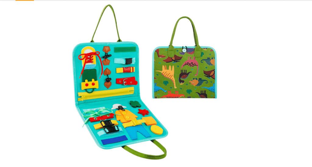 A product shot of the Dasigjid Store Busy Board, one of the best travel toys for young kids.