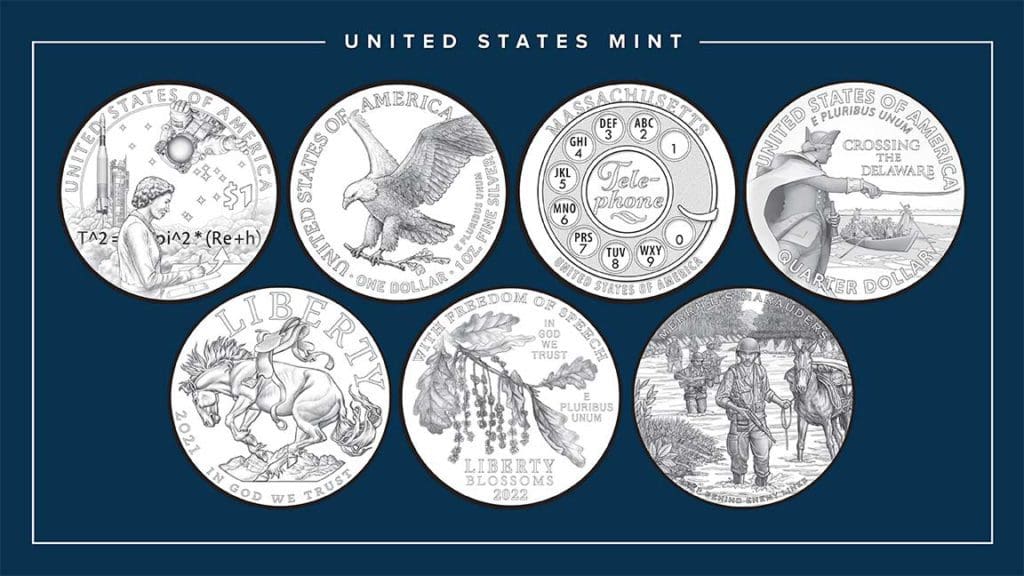 Several coins featured at the Denver Mint.
