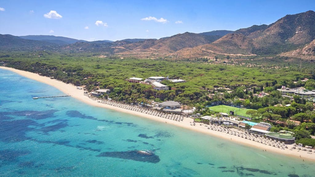 An aerial view of Forte Village Resort, nestled along the beach in Sardinia.