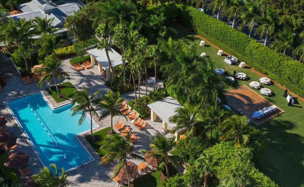 An aerial view of the pool and lush surrounding at Hyatt Regency Coconut Point Resort and Spa, one of the best hotels in Naples for families.