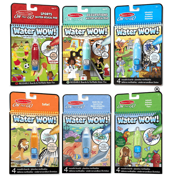 Product shot of 6 Melissa & Doug Water Wow books, one of the best travel toys for young kids.