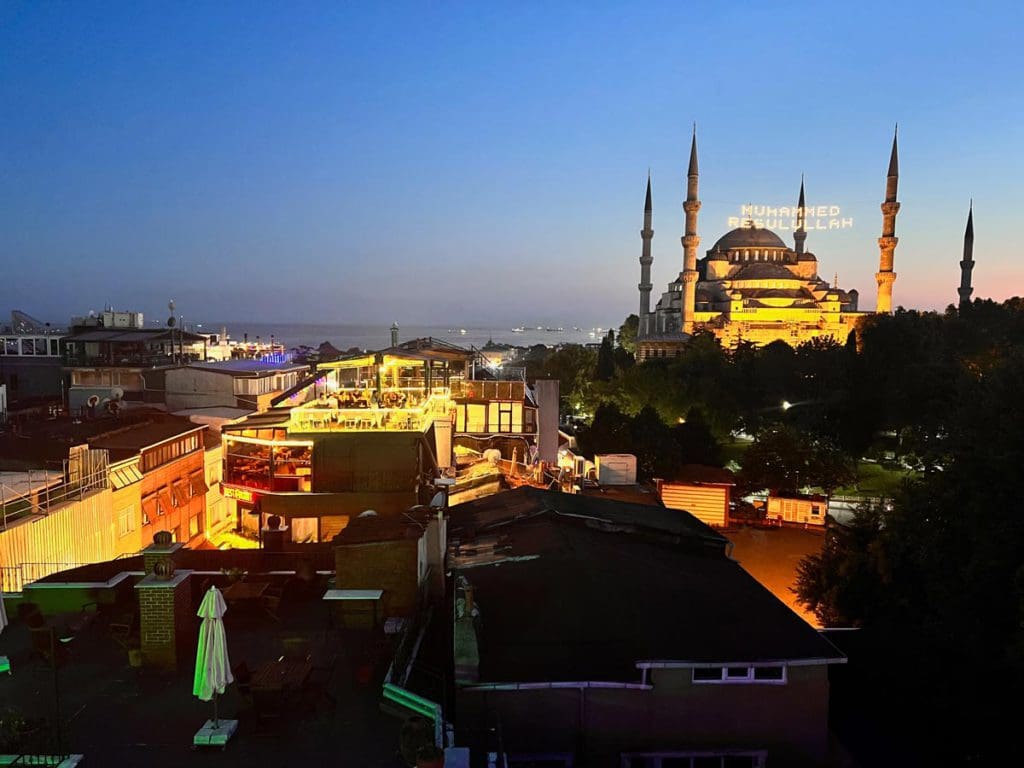 A night cityscape of Istanbul, a must stop city on a Turkey itinerary for families.
