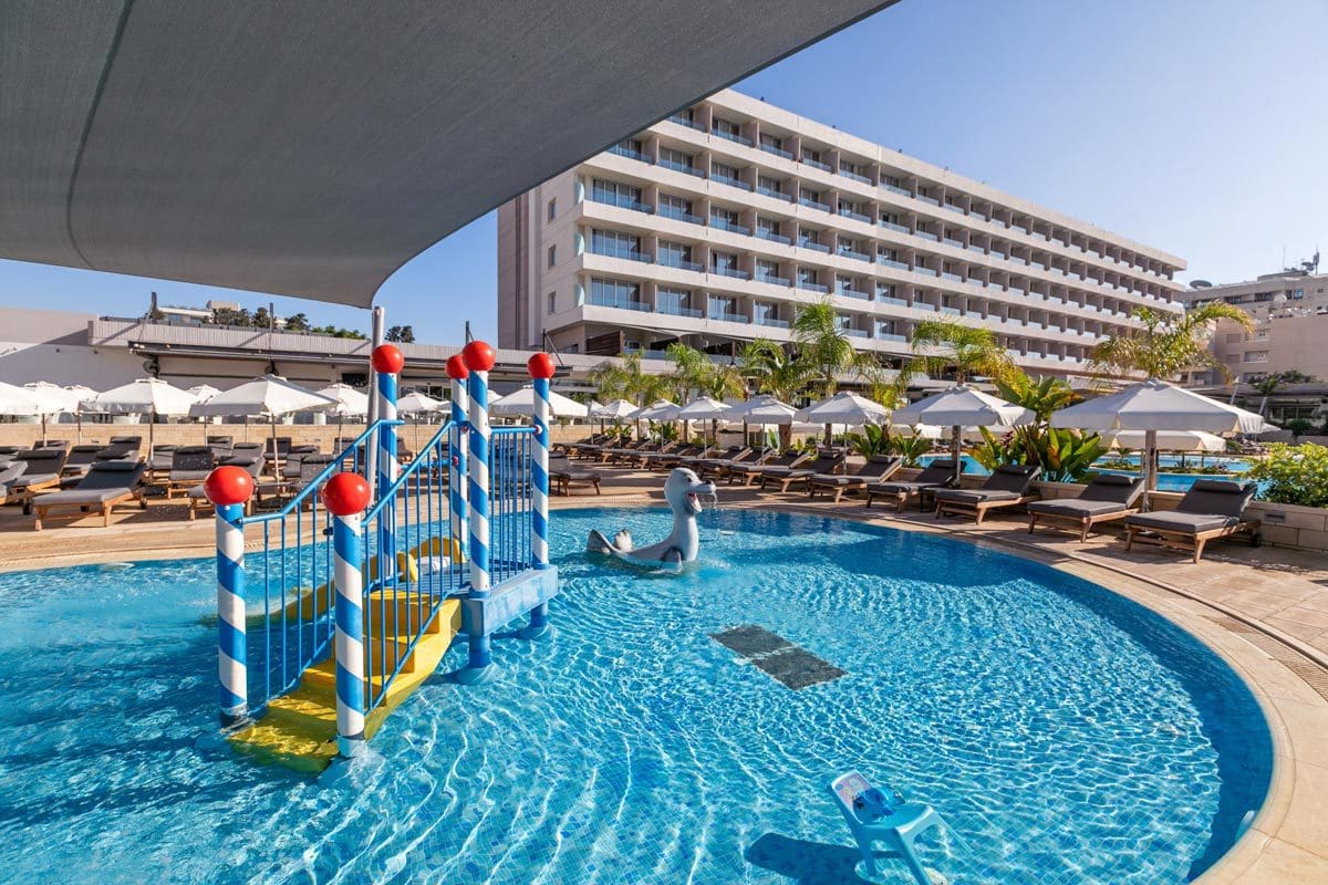 The kid's playground in a pool at The Royal Apollonia, one of the best all-inclusive resorts in Cyprus for families.