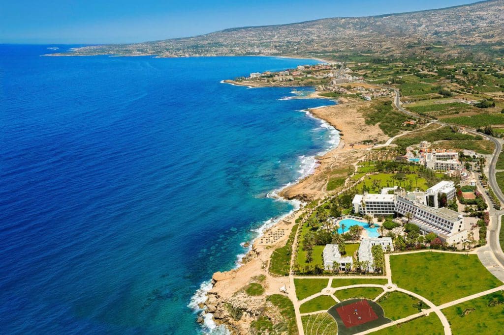 An aerial view of Azia Resort & Spa along the beach in Cyprus, one of the best all-inclusive resorts in Cyprus for families.