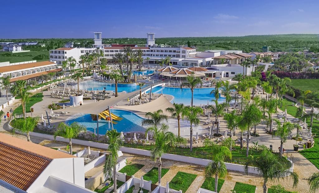 An aerial view of the resort grounds and pool at Olympic Lagoon Resort Ayia Napa.