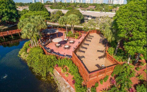 An aerial view of the lush terrace at Park Shore Resort.
