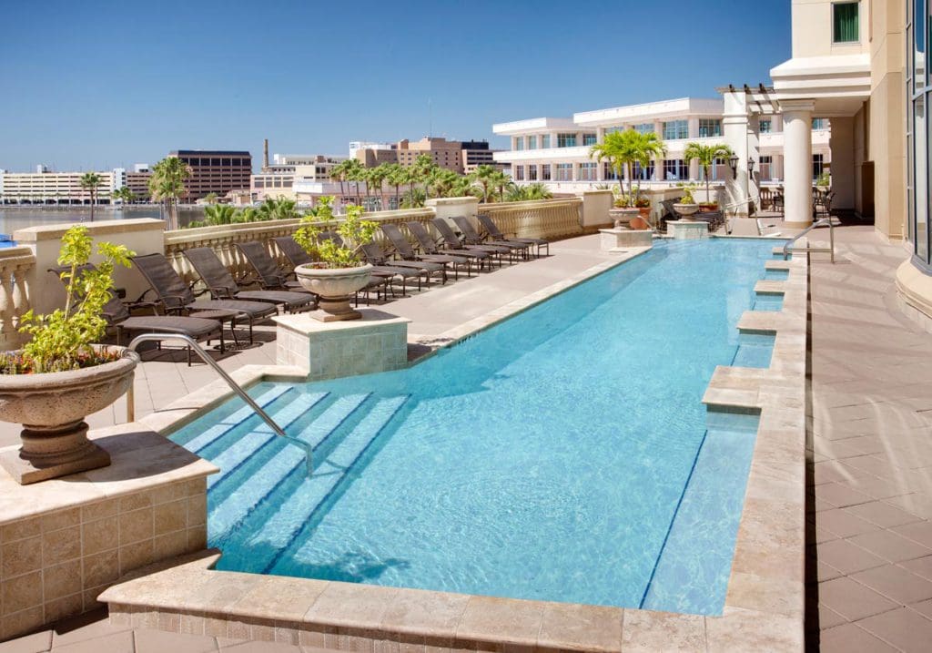 The outdoor rooftop pool at Embassy Suites by Hilton Tampa Downtown Convention Center.