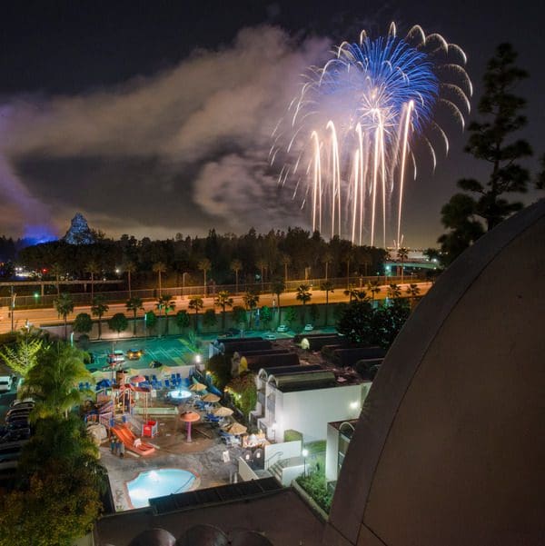 Disneyland fireworks over the Howard Johnson Anaheim property. 