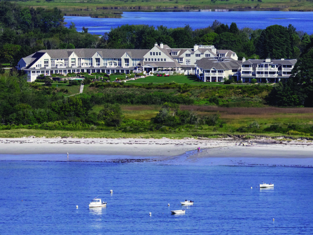 An aerial view of Inn by the Sea, nestled along the coast of Maine, one of the best Maine hotels for families.