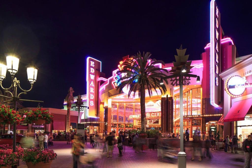 Irvine Spectrum, a fun shopping district in Anaheim, lit up at night.