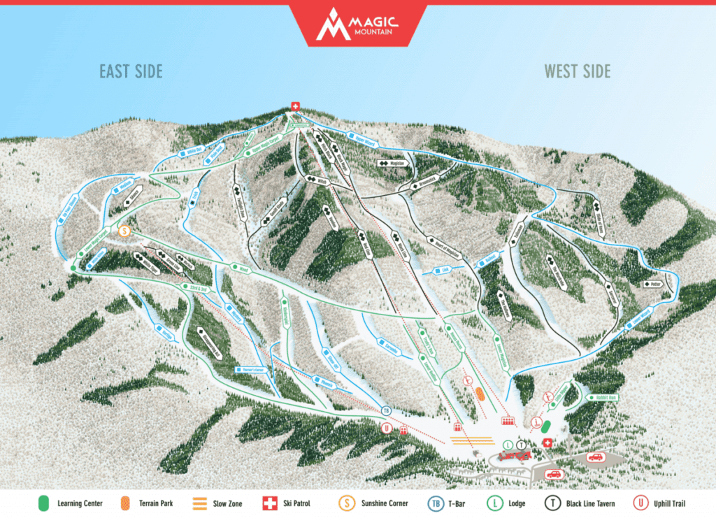 A trail map of the ski runs at Magic Mountain Ski Area.
