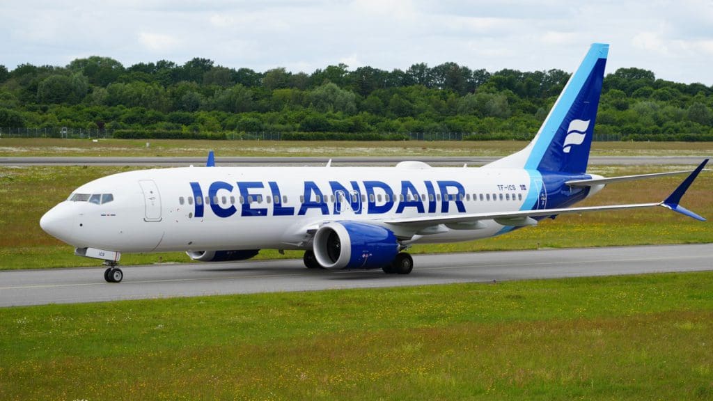An Icelandair plane moves along a jetway to take off, one of the best airlines for kids.