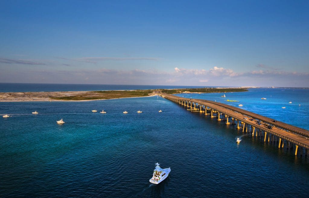 Aerial view of Destin highway leading to an island.