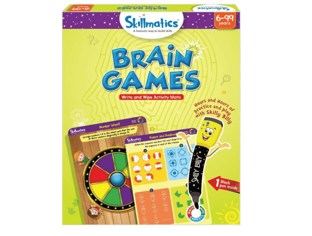 A product shot of the Skillmatics Brain Games, one of the best travel toys for young kids.