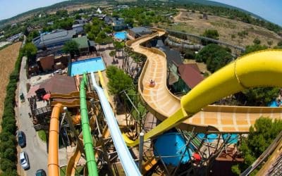 An aerial view of several waterslides at Western Waterpark Magaluf.