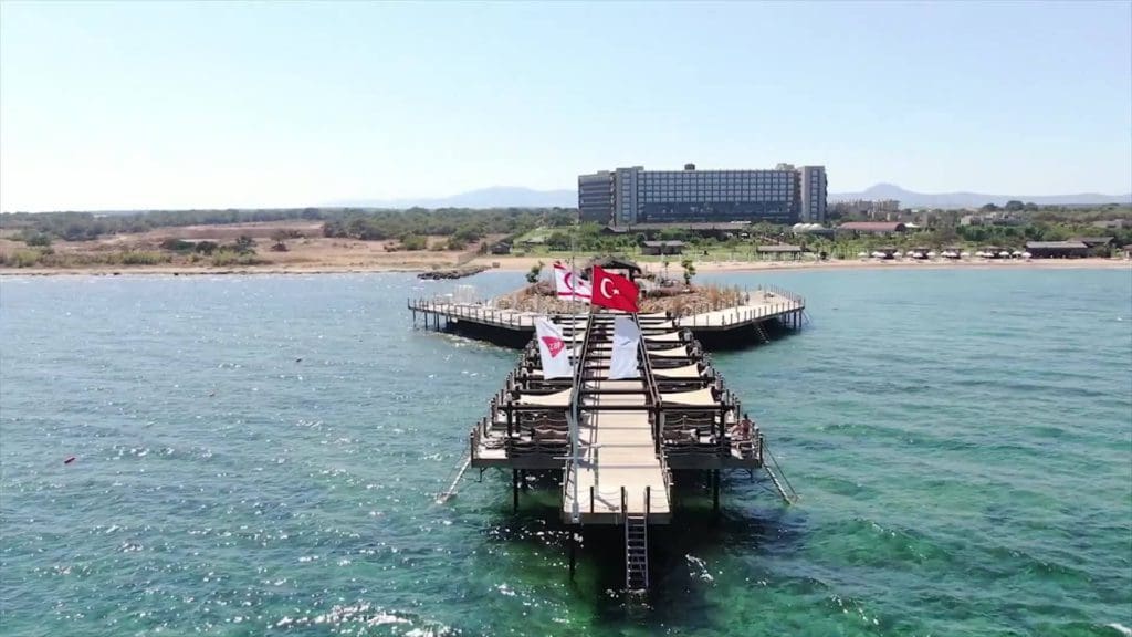 The dock in the ocean, off-shore from Concorde Luxury Resort Kıbrıs.