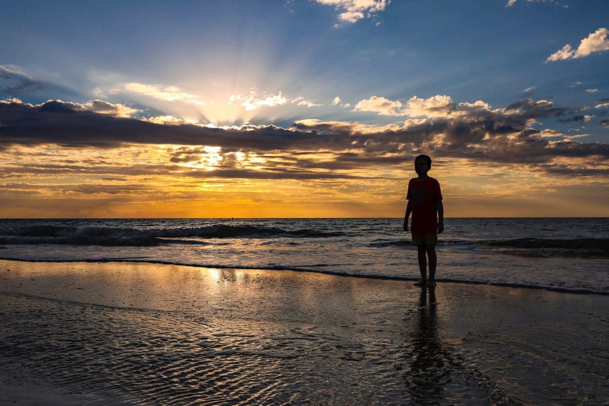 Silhouette of a young boy standing on Indian Rocks Beach at sunset.