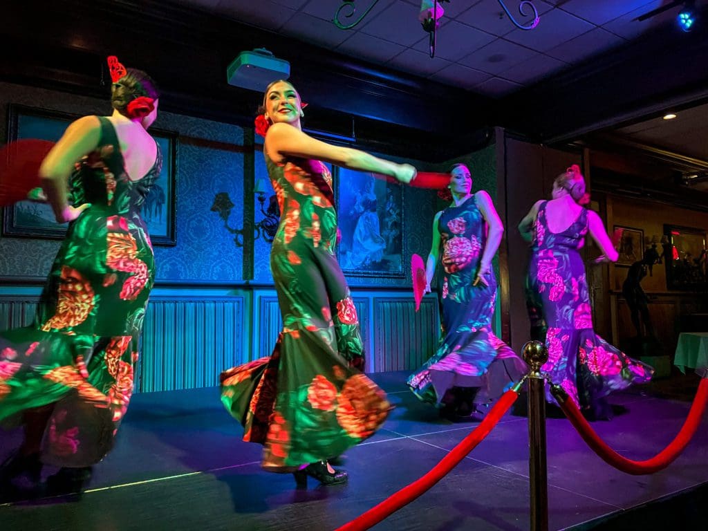 Four flamenco dancers put on a show on stage at The Columbia Restaurant.