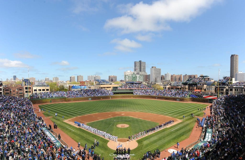 An aerial view of Wrigley Field in Chicago.