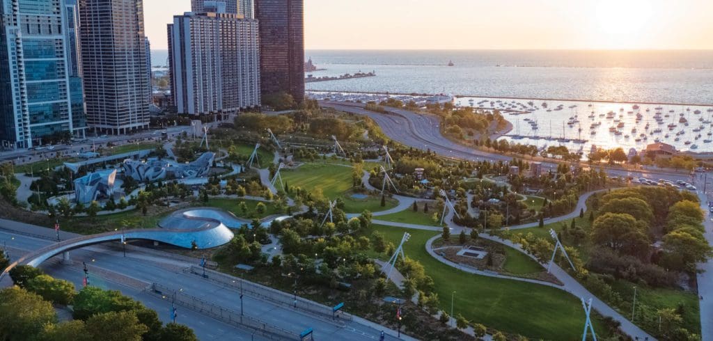 An aerial view of Maggie Daley Park in Chicago.