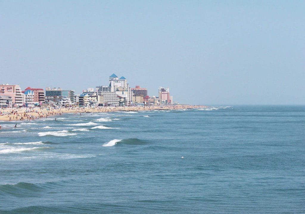 A ocean view with Ocean City, Maryland, in the distance.
