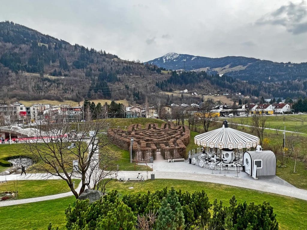 An aerial view of some of the outdoor exhibits at Swarovski Crystal World near Innsbruck.