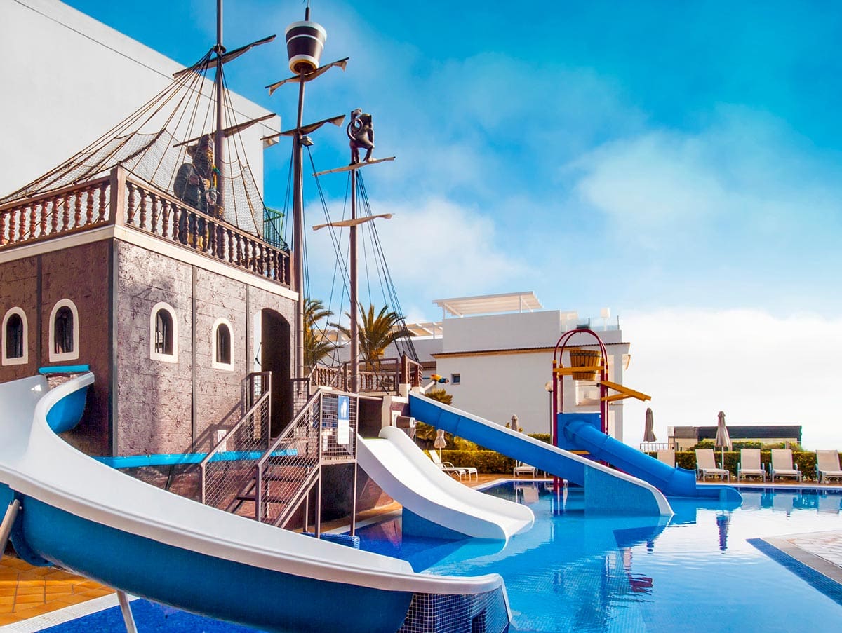 The pirate-themed slide area within the kids' pool at VIVA Cala Mesquida Resort & Spa.