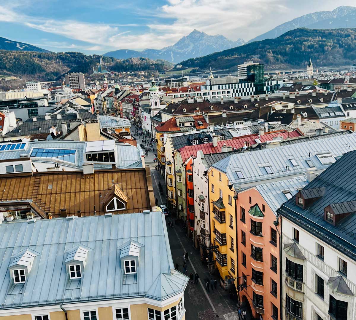 A view of the colorful homes and rooftops from the Innsbruck City Tower.