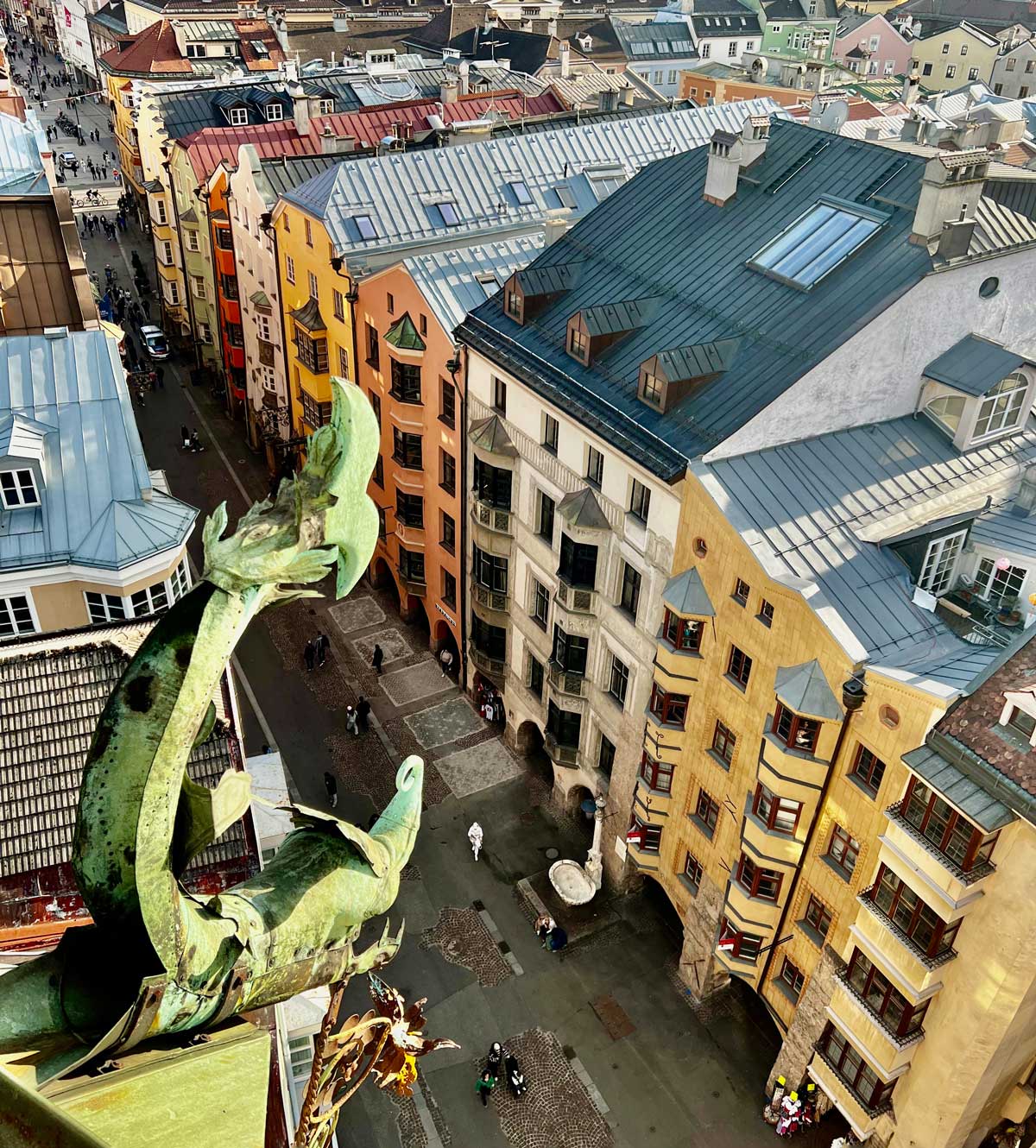 A view of the rooftops below from atop the Innsbruck City Tower, one of the best things to do in Innsbruck with kids this winter.