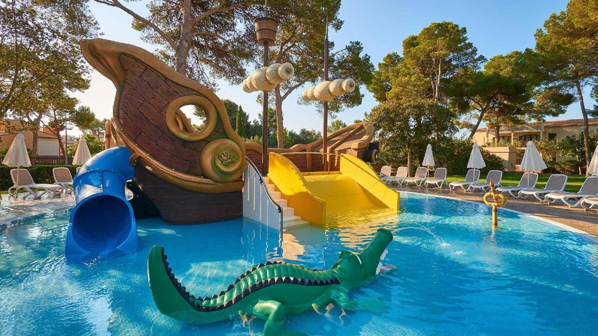 The pirate-themed kiddie pool with small slide at Protur Floriana Resort Aparthotel.