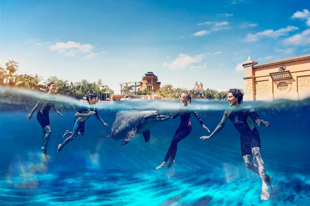 A family of four swims together with a dolphin at Atlantis, The Palm.