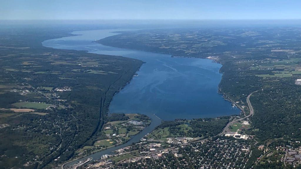 An aerial view of Cayuga Lake, one of the best lakes in New York State for families.