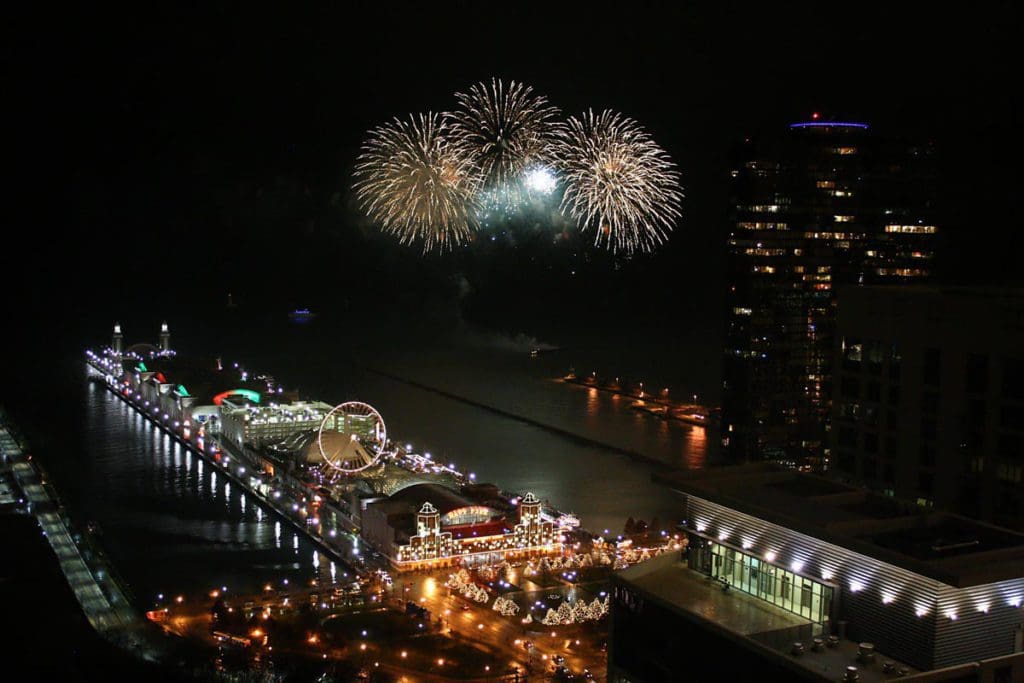 Fourth of July fireworks over Navy Pier in Chicago.
